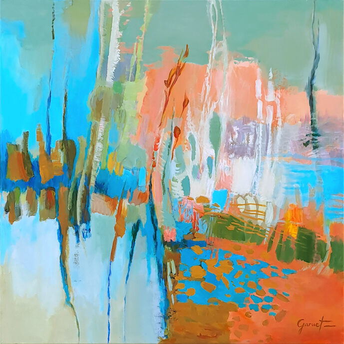 Tableau abstrait A la croisée des chemins, tout en nuances de bleu et d’ocre, évoque peut-être les reflets d’un port atlantique ou les rives calmes d’un lac alpin.