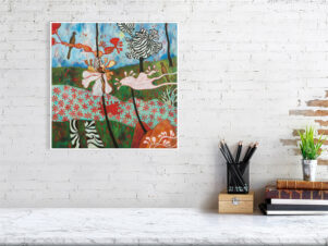 Osmose – Tableau d’art contemporain de Christine Garuet représentant une harmonie entre l'homme et la nature, avec des motifs textiles intégrés aux arbres et des formes oniriques aux couleurs vibrantes. Reproduction de haute qualité de format 40x40cm pour une décoration murale élégante. Osmose – Contemporary artwork by Christine Garuet depicting harmony between humanity and nature, with textile patterns integrated into the trees and dreamlike shapes in vibrant colors. High-quality reproduction measuring 40x40cm for elegant wall décor.