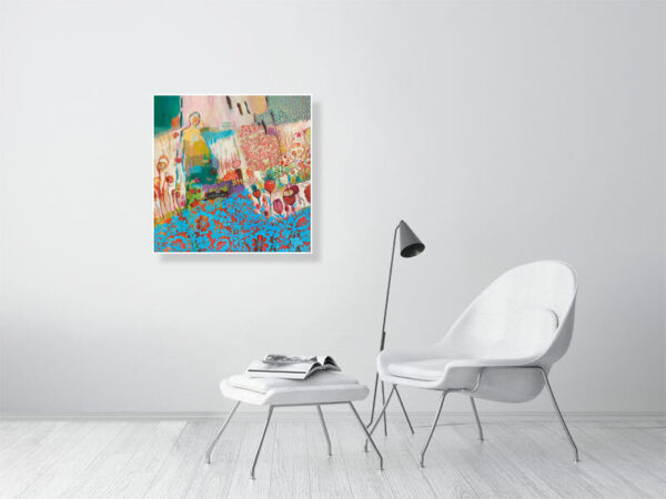 Reproduction de belle qualité du tableau de Christine Garuet, Les nouveaux horizons. Fond abstrait et motifs floraux bleus en découpage, évoquant la pop culture des Etats-Unis. L'oeuvre est reproduite ici au format 70x70cm. High-quality print of Christine Garuet’s painting The new horizons, 2024. Abstract background and blue floral cut-out motifs, evoking the pop culture in the United States. The painting is reproduced here in a 70 x 70 cm format.