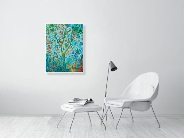 Belle affiche du tableau L’arbre de vie de Christine Garuet, arbre central riche en détails et couleurs harmonieuses de bleus, symbole d’un lien spirituel profond avec la nature, reproduction au format 60 x 77,8 cm. Beautiful poster of the painting The Tree of Life by Christine Garuet, central tree rich in detail with harmonious shades of blue, symbolizing a deep spiritual connection with nature, reproduced in 60 x 77,8 cm format.