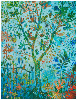 Belle affiche du tableau l'arbre de vie, de Christine Garuet, où l'arbre central, riche en détails, avec des couleurs harmonieuses jouant sur les bleus, symbolise un lien spirituel profond avec la nature. Beautiful poster of the painting The Tree of Life by Christine Garuet, where the central tree, rich in detail and featuring harmonious shades of blue, symbolizes a deep spiritual connection with nature.