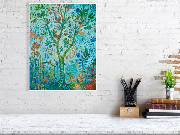 Belle affiche du tableau L’arbre de vie de Christine Garuet, arbre central riche en détails et couleurs harmonieuses de bleus, symbole d’un lien spirituel profond avec la nature, reproduction au format 38,6 × 50 cm. Beautiful poster of the painting The Tree of Life by Christine Garuet, central tree rich in detail with harmonious shades of blue, symbolizing a deep spiritual connection with nature, reproduced in 38.6 × 50 cm format.