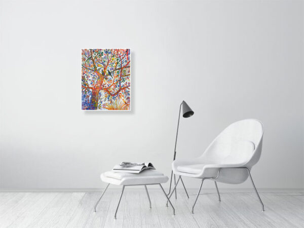 Reproduction de belle qualité du tableau de Christine Garuet, Fais un voeu. Bel arbre central sur fond blanc, oiseaux et végétation florissante inspiré de l'un arbre de vie. L'oeuvre est reproduite ici au format 48 x 60 cm. High-quality reproduction of the painting by Christine Garuet, Make a Wish. Beautiful central tree on a white background, with birds and flourishing vegetation, inspired by the tree of life. The painting is reproduced here in a 48x60cm format.