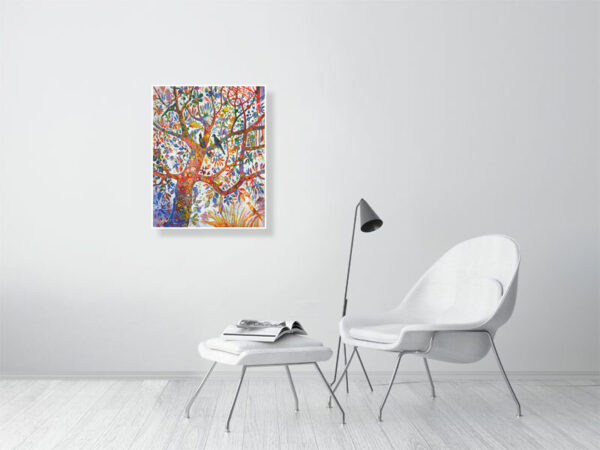 Reproduction de belle qualité du tableau de Christine Garuet, Fais un voeu. Bel arbre central sur fond blanc, oiseaux et végétation florissante inspiré de l'un arbre de vie. L'oeuvre est reproduite ici au format 56 x 70 cm. High-quality reproduction of the painting by Christine Garuet, Make a Wish. Beautiful central tree on a white background, with birds and flourishing vegetation, inspired by the tree of life. The painting is reproduced here in a 56x70cm format.