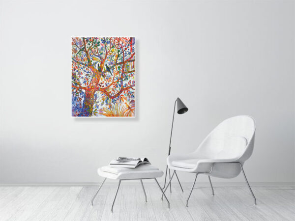Reproduction de belle qualité du tableau de Christine Garuet, Fais un voeu. Bel arbre central sur fond blanc, oiseaux et végétation florissante inspiré de l'un arbre de vie. L'oeuvre est reproduite ici au format 63,8x80cm High-quality reproduction of the painting by Christine Garuet, Make a Wish. Beautiful central tree on a white background, with birds and flourishing vegetation, inspired by the tree of life. The painting is reproduced here in a 63,8x80cm format.