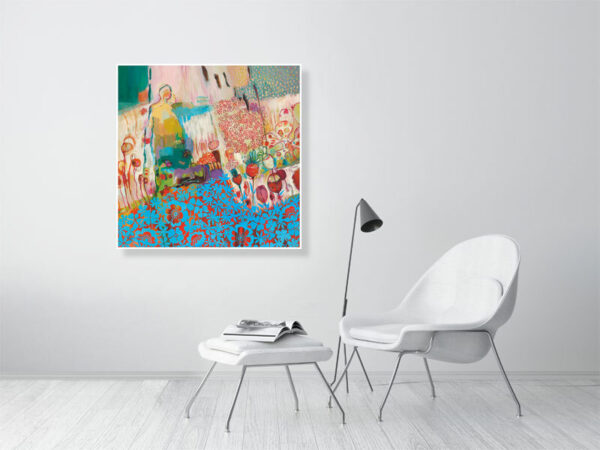 Reproduction de belle qualité du tableau de Christine Garuet, Les nouveaux horizons. Fond abstrait et motifs floraux bleus en découpage, évoquant la pop culture des Etats-Unis. L'oeuvre est reproduite ici au format 90 x 90 cm. High-quality print of Christine Garuet’s painting The new horizons, 2024. Abstract background and blue floral cut-out motifs, evoking the pop culture in the United States. The painting is reproduced here in a 90 x 90 cm format.