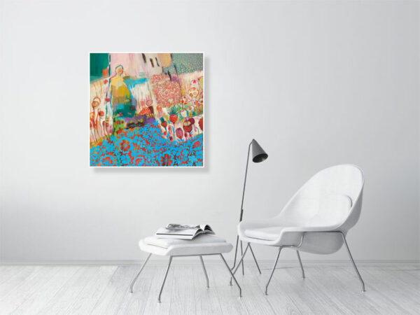 Reproduction de belle qualité du tableau de Christine Garuet, Les nouveaux horizons. Fond abstrait et motifs floraux bleus en découpage, évoquant la pop culture des Etats-Unis. L'oeuvre est reproduite ici au format 80 x 80 cm. High-quality print of Christine Garuet’s painting The new horizons, 2024. Abstract background and blue floral cut-out motifs, evoking the pop culture in the United States. The painting is reproduced here in a 80 x 80 cm format.