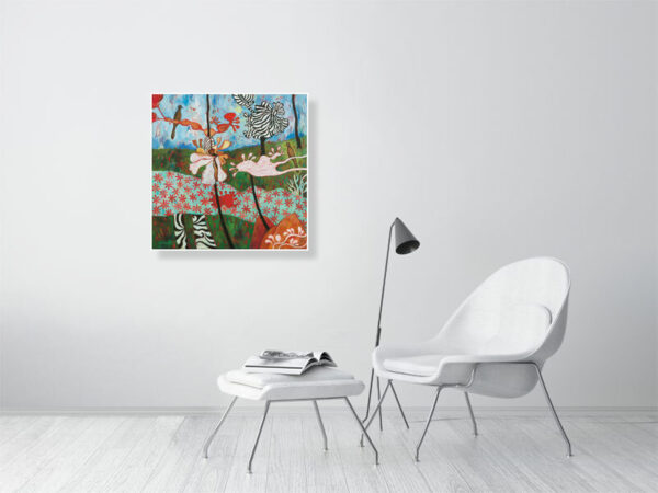 Osmose – Tableau d’art contemporain de Christine Garuet représentant une harmonie entre l'homme et la nature, avec des motifs textiles intégrés aux arbres et des formes oniriques aux couleurs vibrantes. Reproduction de haute qualité de format 70x70cm pour une décoration murale élégante. Osmose – Contemporary artwork by Christine Garuet depicting harmony between humanity and nature, with textile patterns integrated into the trees and dreamlike shapes in vibrant colors. High-quality reproduction measuring 70x70cm for elegant wall décor.