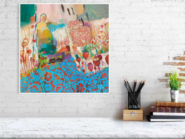 Reproduction de belle qualité du tableau de Christine Garuet, Les nouveaux horizons. Fond abstrait et motifs floraux bleus en découpage, évoquant la pop culture des Etats-Unis. L'oeuvre est reproduite ici au format 50 x 50 cm. High-quality print of Christine Garuet’s painting Les nouveaux horizons, 2024. Abstract background and blue floral cut-out motifs, evoking the pop culture in the United States. The painting is reproduced here in a 50 x 50 cm format.