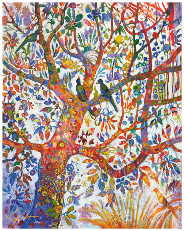 Reproduction de belle qualité du tableau de Christine Garuet, Fais un voeu. Bel arbre central sur fond blanc, oiseaux et végétation florissante inspiré de l'un arbre de vie. High-quality reproduction of the painting by Christine Garuet, Make a Wish. Beautiful central tree on a white background, with birds and flourishing vegetation, inspired by the tree of life.