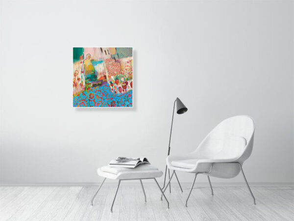 Reproduction de belle qualité du tableau de Christine Garuet, Les nouveaux horizons. Fond abstrait et motifs floraux bleus en découpage, évoquant la pop culture des Etats-Unis. L'oeuvre est reproduite ici au format 60 x 60 cm. High-quality print of Christine Garuet’s painting Les nouveaux horizons, 2024. Abstract background and blue floral cut-out motifs, evoking the pop culture in the United States. The painting is reproduced here in a 60 x 60 cm format.