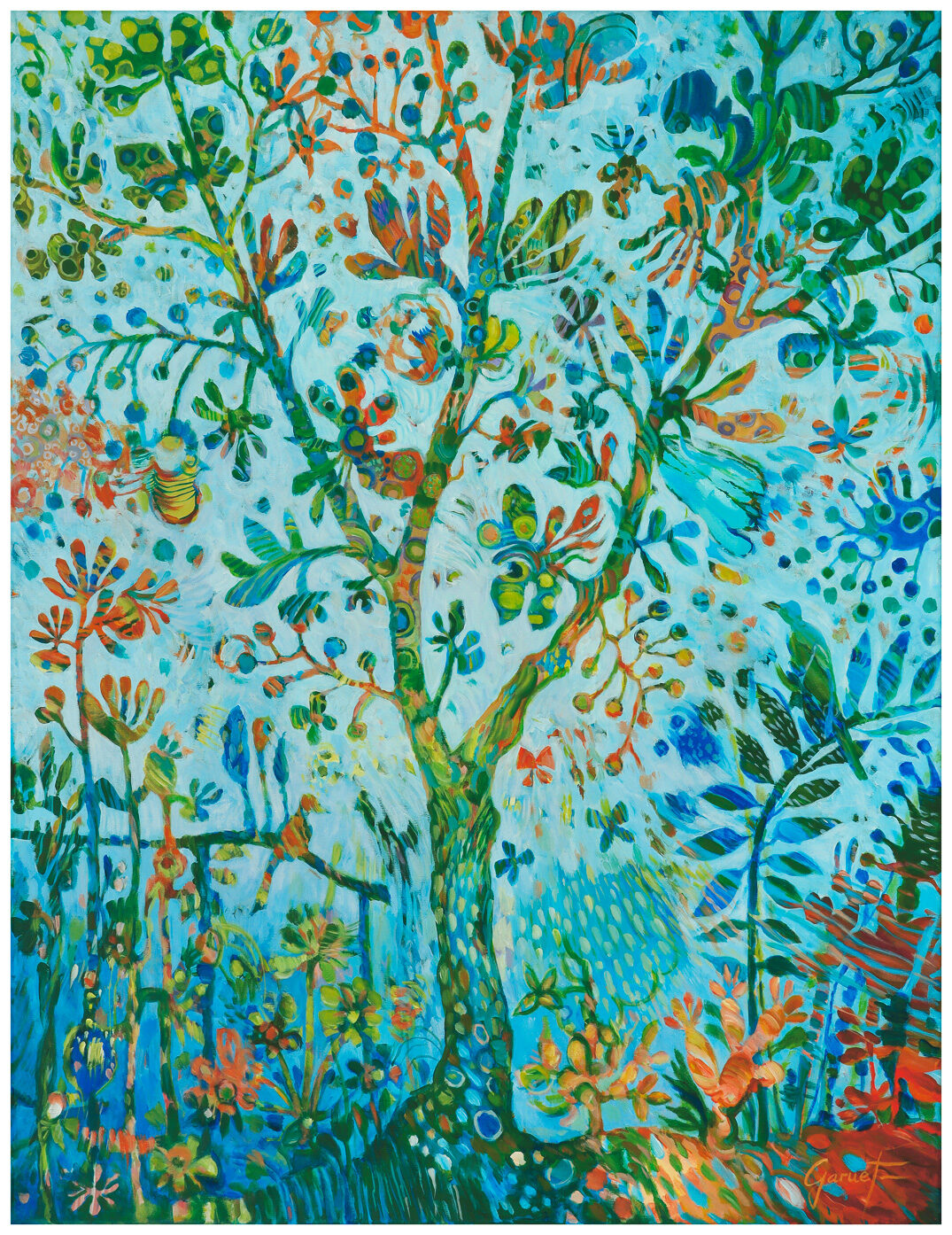 Ce tableau de Christine Garuet s'intitule l'arbre de vie car l'arbre central sur la peinture pourrait faire référence à l'arbre de la connaissance aussi appelé arbre de vie ici représenté avec des teintes principalement en bleu turquoise avec une richesse de feuillage et de détails de fleurs et oiseaux présents sur la toile thème cher à l'artiste peintre puisque la plupart de son œuvre traite de spiritualité