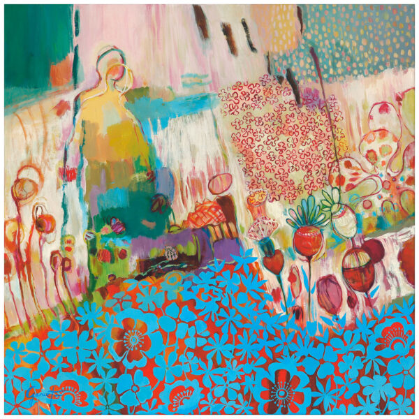 Reproduction de belle qualité du tableau de Christine Garuet, Les nouveaux horizons. Fond abstrait et motifs floraux bleus en découpage, évoquant la pop culture des Etats-Unis High-quality print of Christine Garuet’s painting Les nouveaux horizons, 2024. Abstract background and blue floral cut-out motifs, evoking the pop culture in the United States.