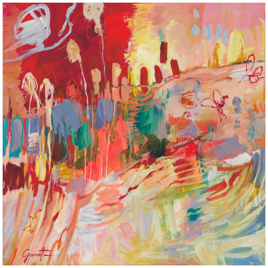 Entre figuration et abstraction, cette peinture aux tonalités très chaudes, diffuse une expression très libre.