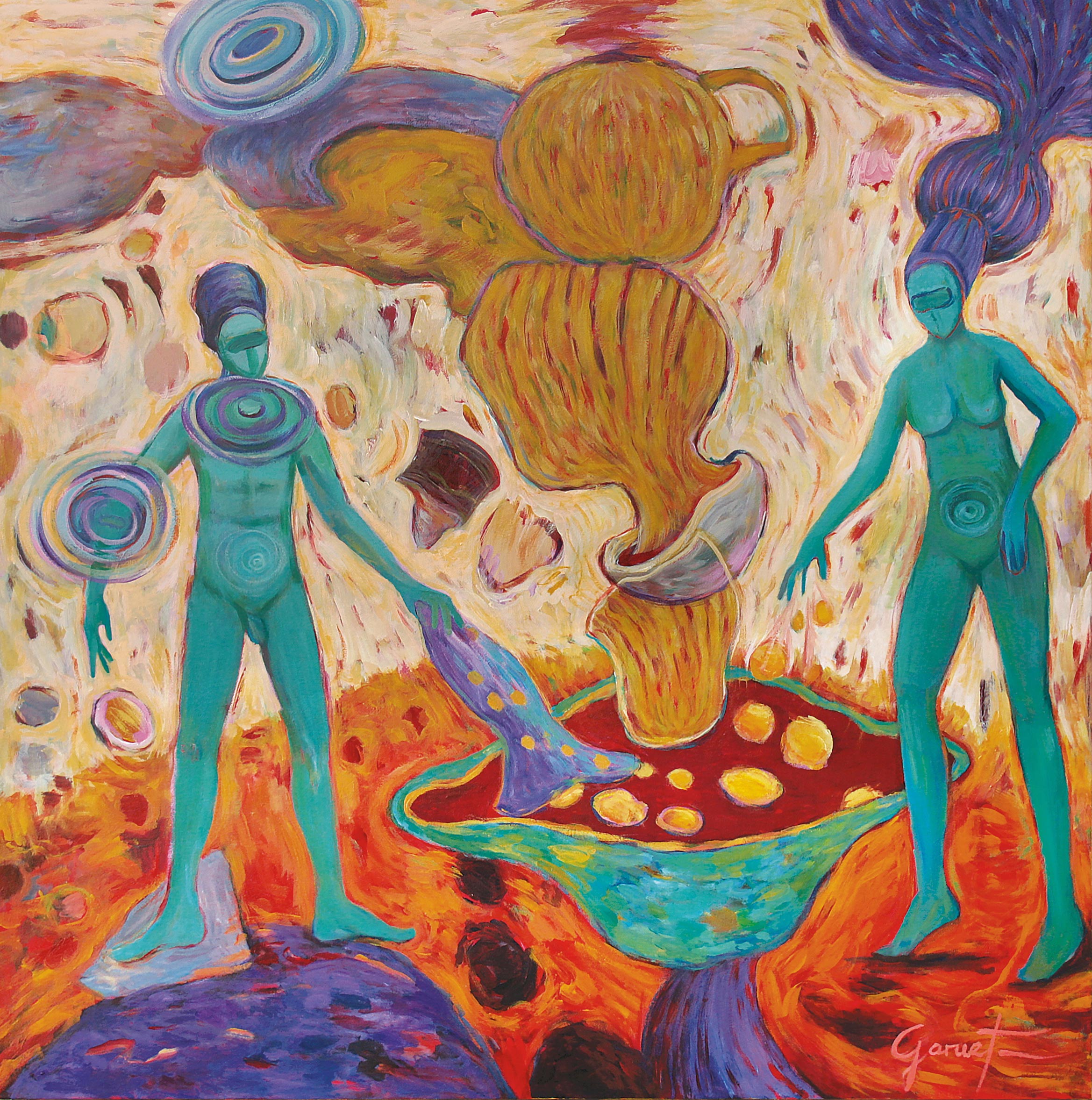 Peinture représentant des figures humanoïdes bleues, possiblement des extraterrestres ou des Atlantes, sur un fond chaud d’ocres, de rouges et de jaunes.