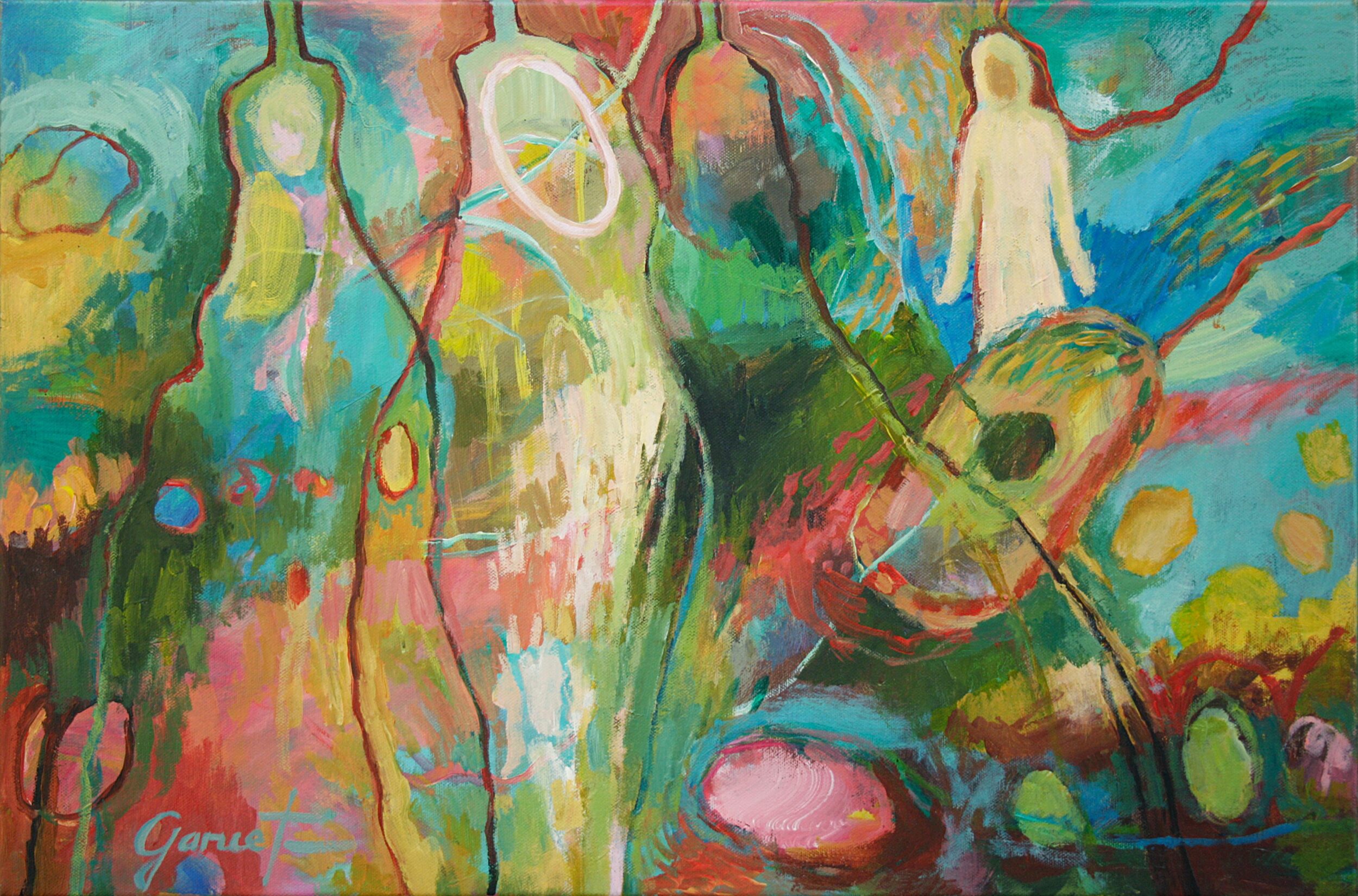 Les anges gardiens, peinture toute en couleurs, représentant des silhouettes intrigantes, éthérées, flottantes, et connectées par leur sommet à des canaux orientés vers le ciel.