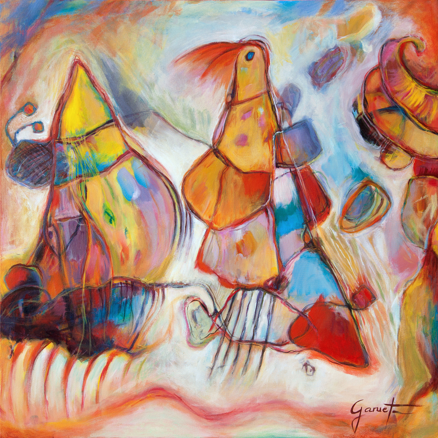 Le Ara Macao, peinture quasi abstraite aux couleurs chaudes, aux formes organiques, évoquant un perroquet et des animaux, l'ancrage à la Terre.