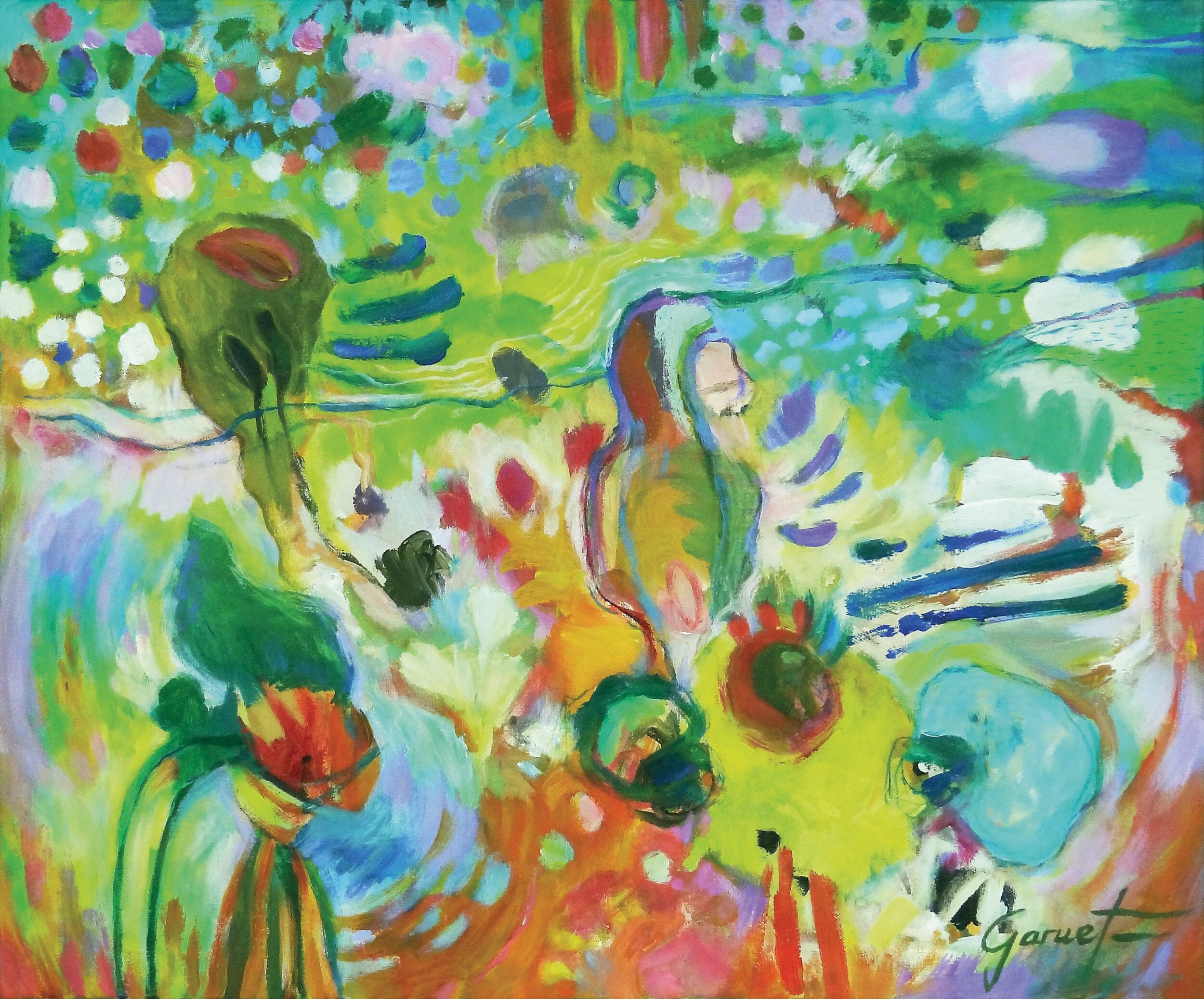 Painting “Une belle vie” by Christine Garuet, featuring abstract forms and vibrant colors evoking joy and harmony.