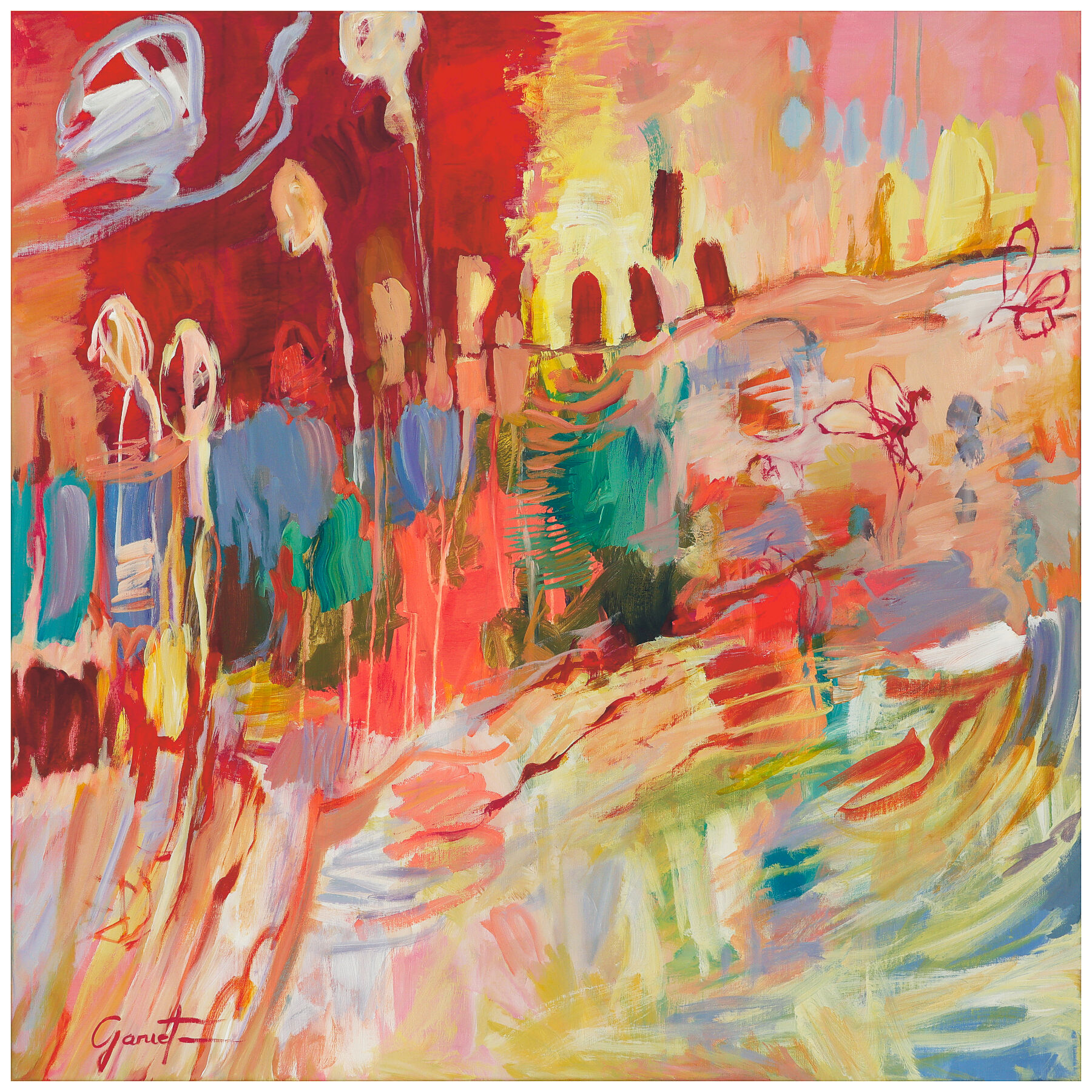 Peinture contemporaine abstraite de Christine Garuet, aux couleurs chaudes, évoquant un paysage dynamique avec de larges coups de pinceau et une forte spontanéité.