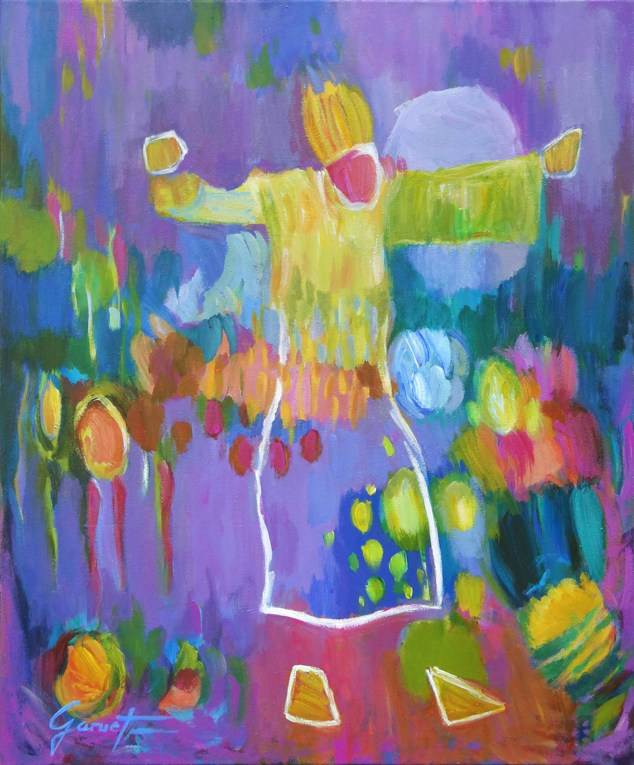 Une figure vêtue de jaune tourne, les bras levés, sur un fond bleu et violet profond, rehaussé de touches chaudes de couleur, exprimant le mouvement, l’énergie et la joie.