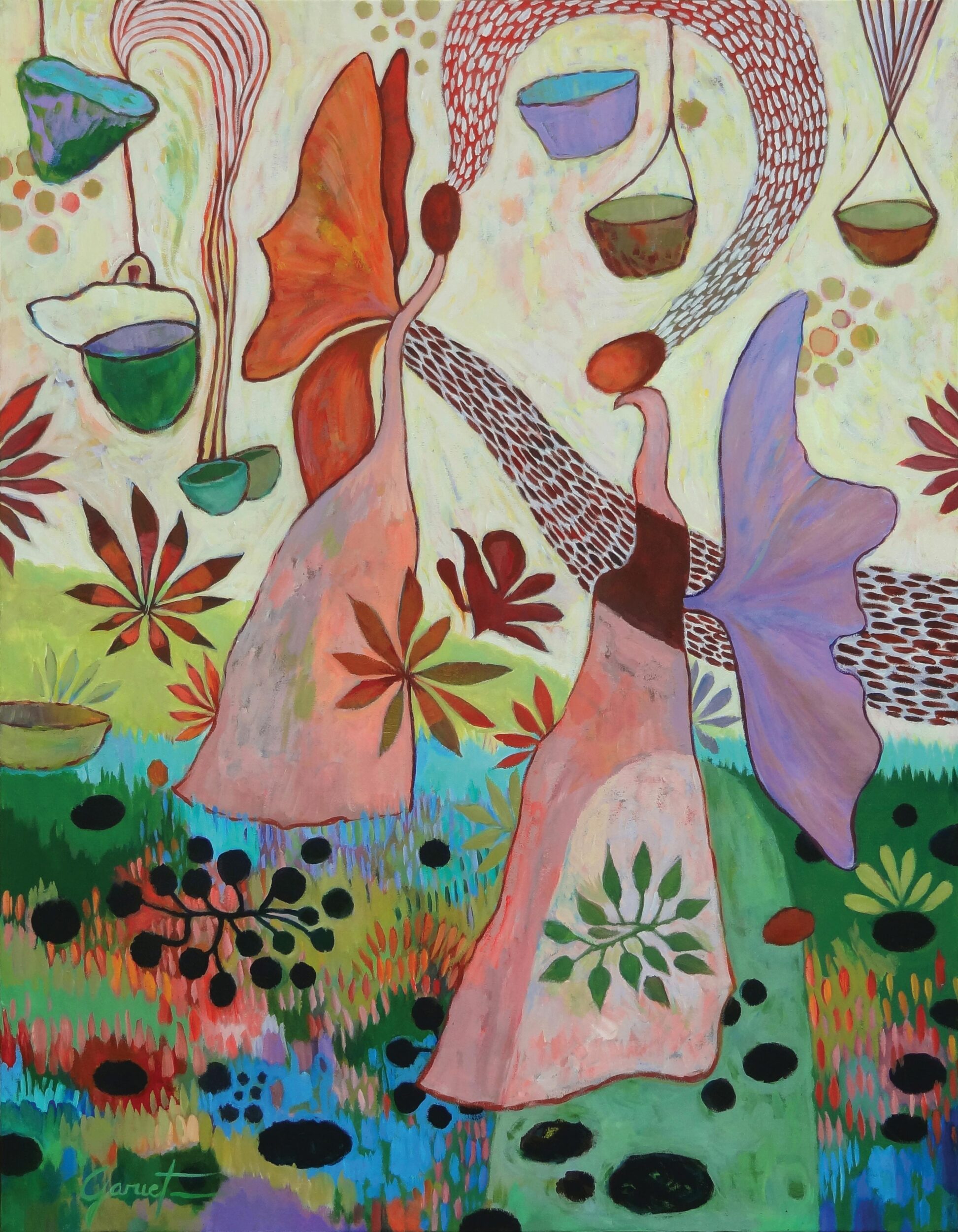 Peinture Les Étranges et leurs attrape-rêves, réalisée à Saint-Girons, représentant deux êtres ailés reliés par des flux d’énergie, entourés de seaux suspendus recueillant leurs rêves.