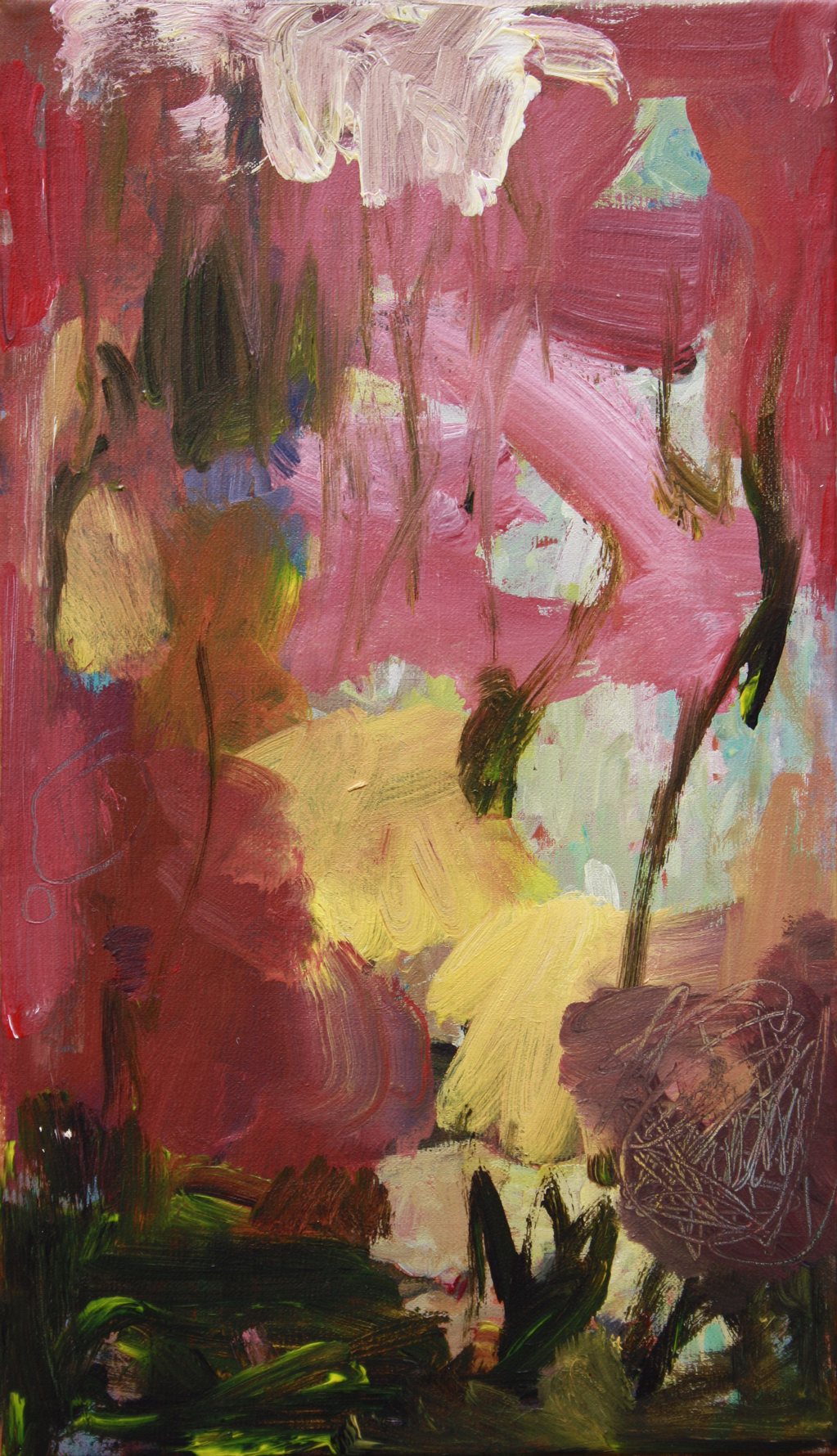 Tableau abstrait en trois tons, vieux rose, jaune clair et vert profond, traité en mouvements larges et rapides, qui suggèrent une végétation florale légère et flottante.