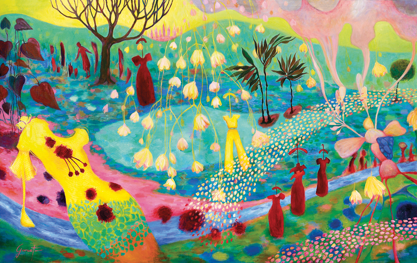 Paysage onirique coloré parsemé de robes flottantes et de fleurs lumineuses en flottaison.