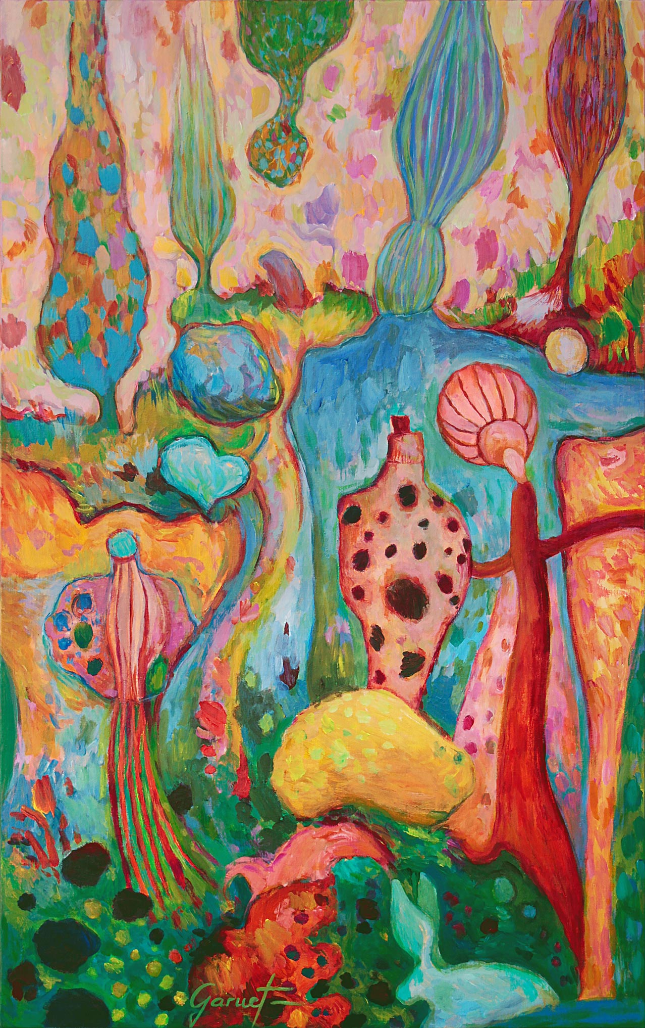 Peinture représentant un paysage onirique avec amphores, créatures fantastiques et une silhouette dont la tête s'étire vers le haut, suggérant une communication mystique avec le ciel.