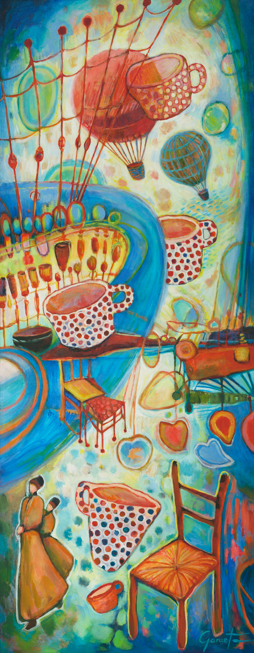 Les Mondes Suspendus, est un tableau onirique représentant un univers fantastique et coloré où des montgolfières, des tables et des tasses à pois rouges flottent dans les airs, comme en apesanteur.