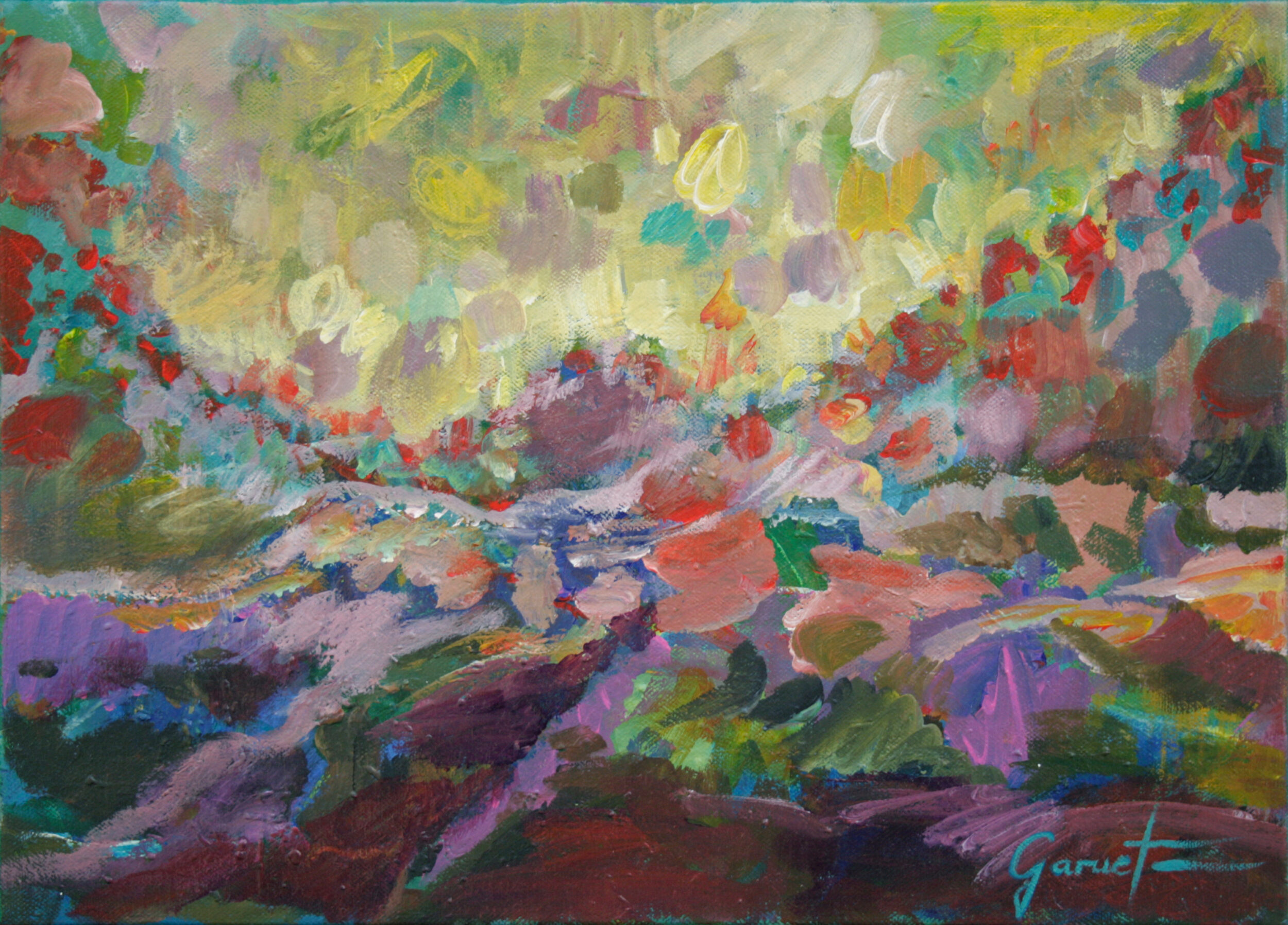 Ce tableau déploie un paysage montagneux vibrant, baigné par des couleurs intenses qui annoncent l’imminence de l’orage.