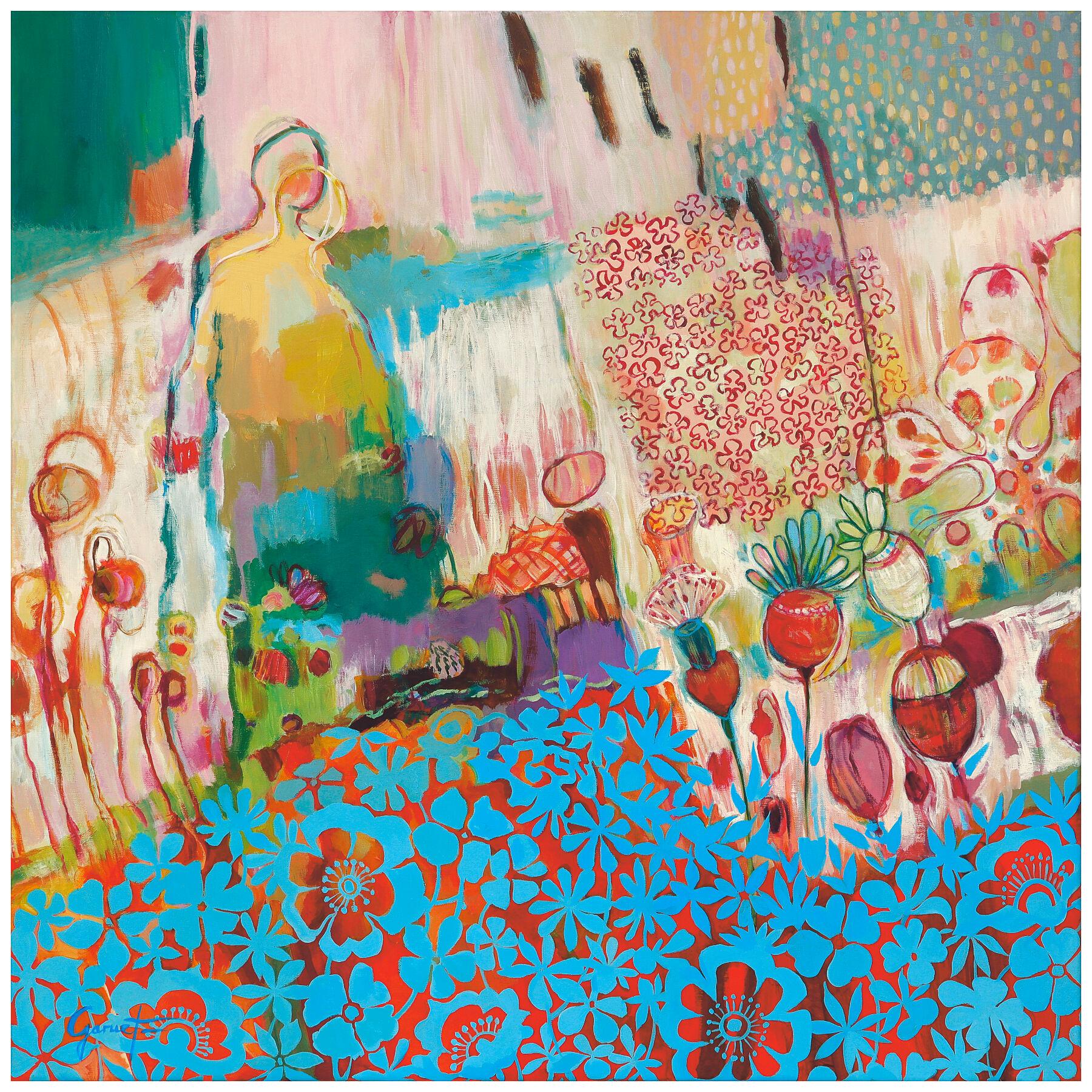 Les nouveaux horizons: un personnage sur un promontoire avec un fond abstrait et des motifs floraux bleus en découpage, évoquant la pop culture américaine.