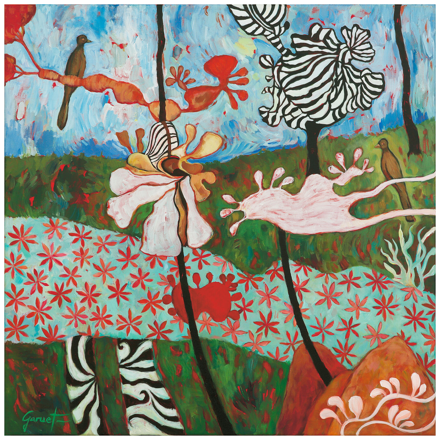 Osmose, tableau coloré où des motifs textiles se mêlent harmonieusement avec la nature. Des formes florales flottent dans l’air, illustrant avec féminité le thème de l’osmose avec la nature.