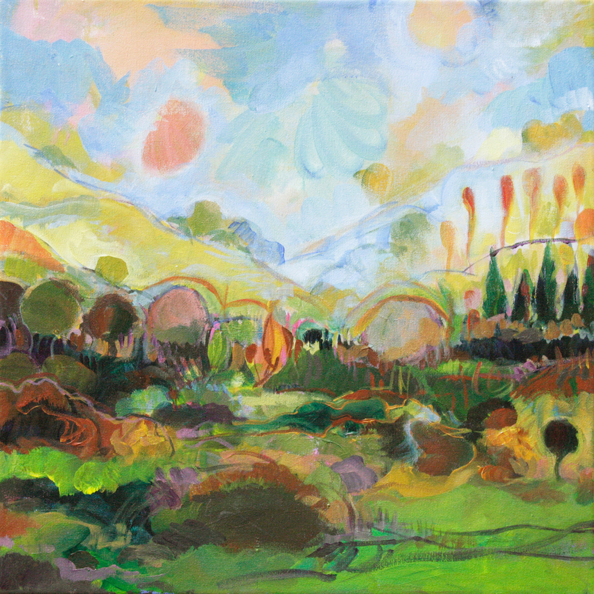 Peinture d’un paysage imaginaire lumineux et coloré, représentant une vallée verdoyante avec des collines ondulantes rousses en arrière-plan