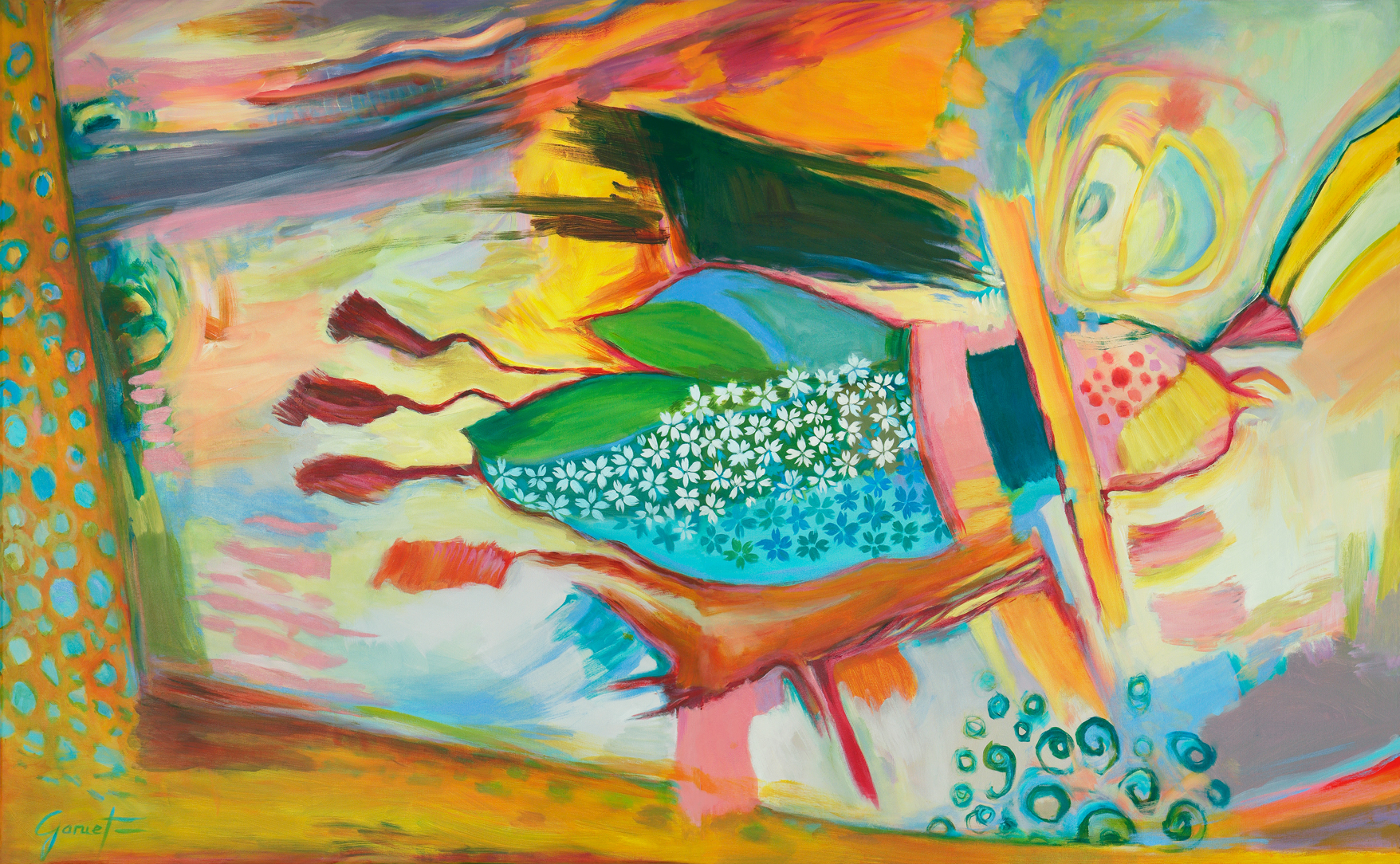 Le porte-bonheur: scarabée bleu et vert sur fond clair aux aplats abstraits, style américain, accents ethniques et symbolisme égyptien.