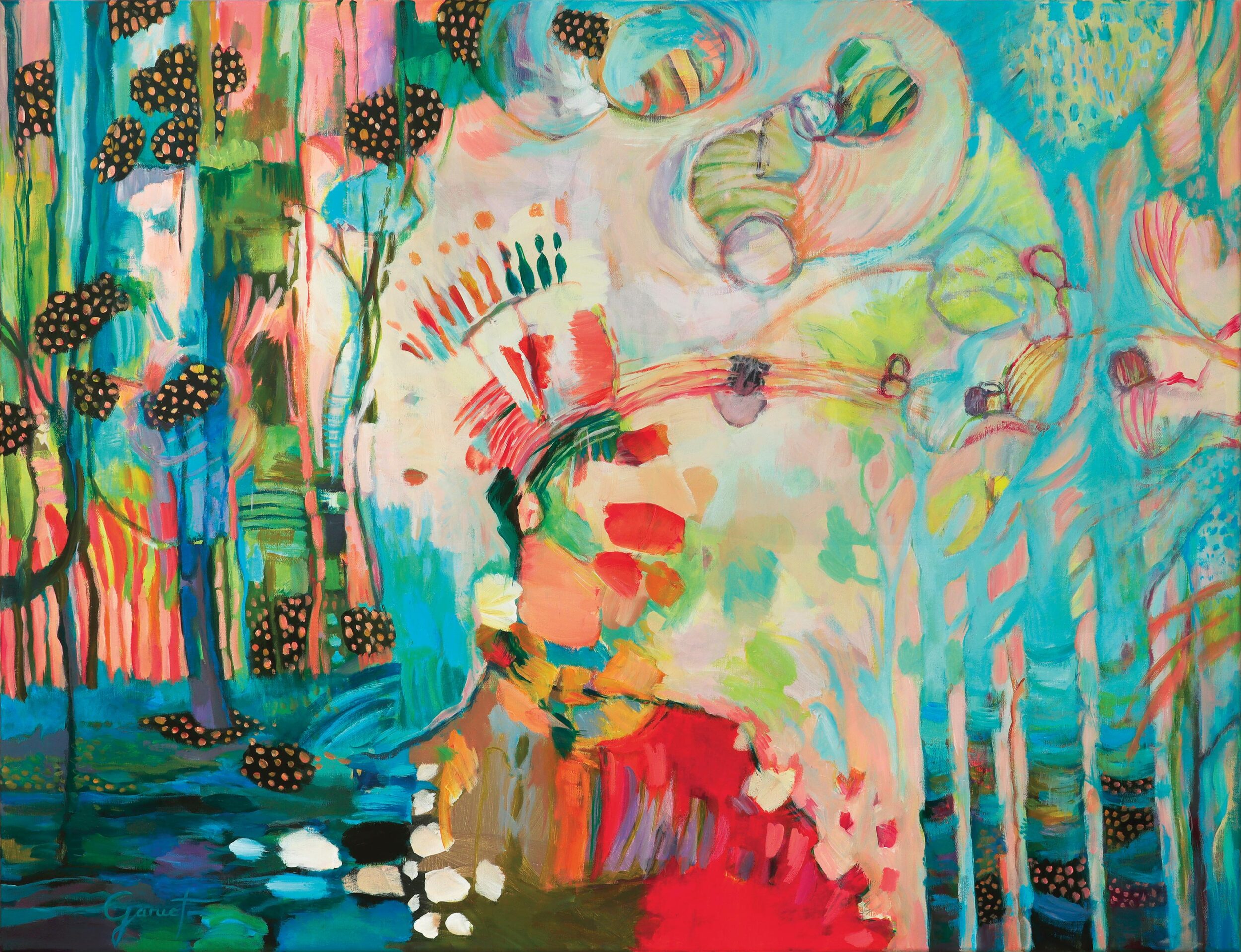 Le Visionnaire : homme habillé en rouge dans une forêt luxuriante verte et bleue, ambiance chamanique et immersion en nature.