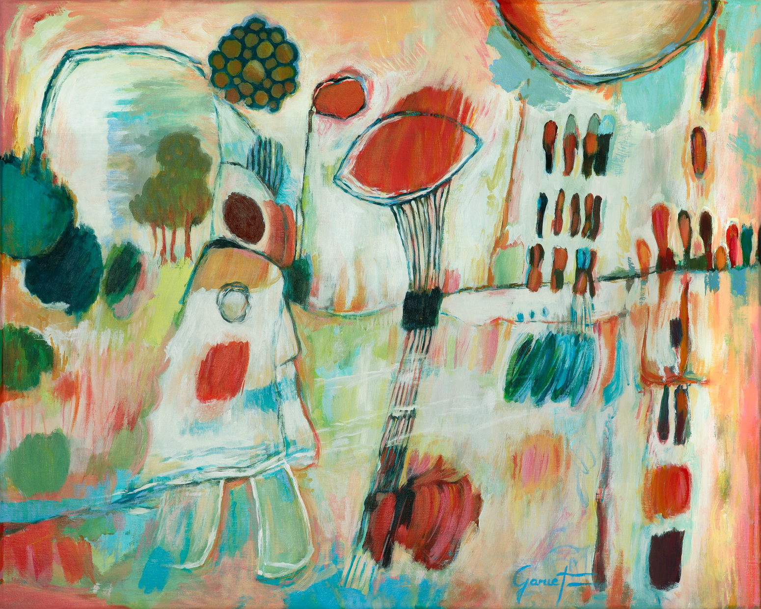 Promenade onirique, peinture quasi abstraite avec personnage marchant dans un univers épuré, tons verts et blancs avec touches de rouge, arbres et buissons en arrière-plan.