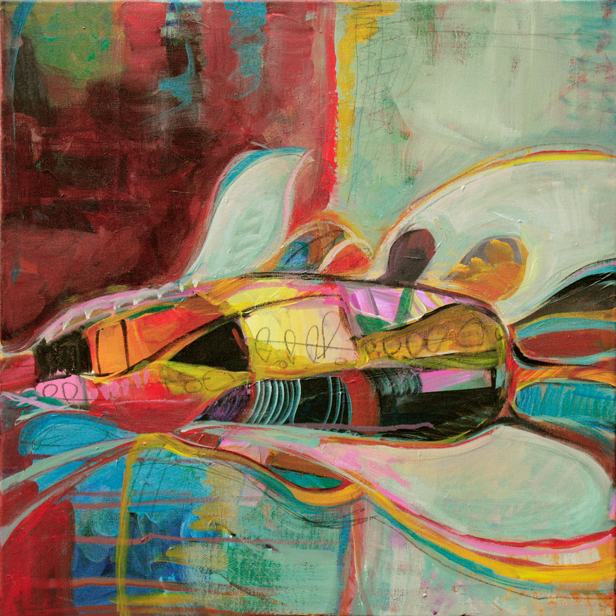 Peinture abstraite où une forme centrale peut être vu comme un vaisseau volant ou un poisson étrange.