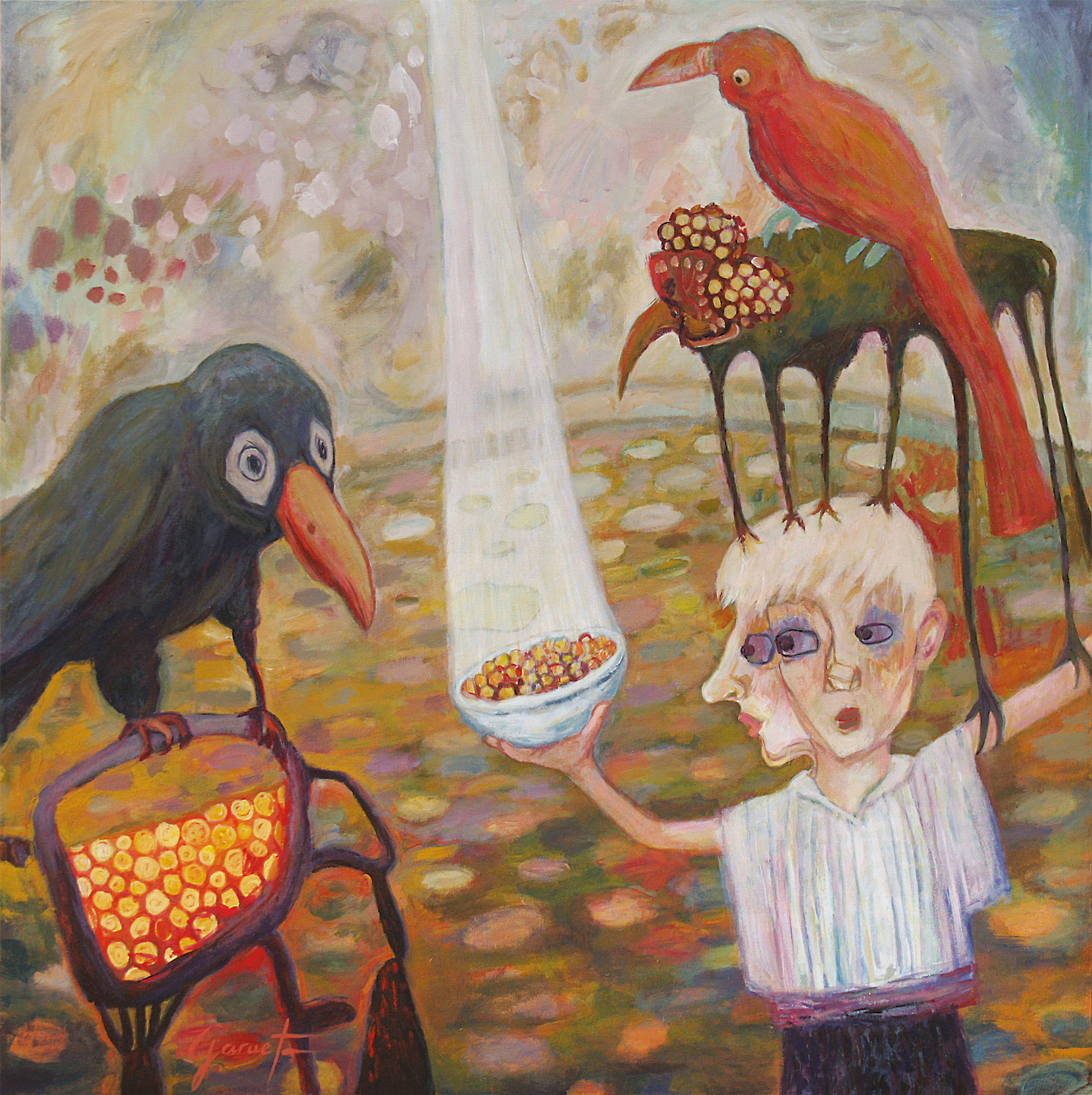 Peinture de Christine Garuet représentant un enfant dans un paysage désertique tenant un bol de semences badées par les oiseaux, symbole d’espoir et de survie.