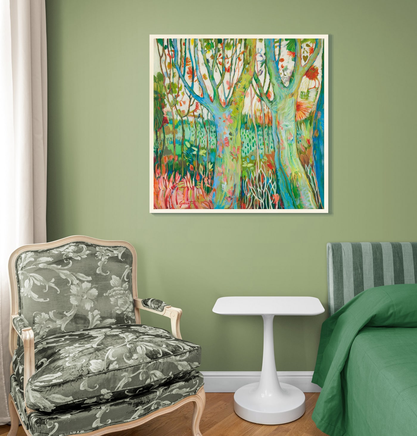 Tableau évoquant un paysage imaginaire, peint par l'artiste peintre d'Ariège, Christine Garuet, artiste spirituelle résidant à St-Lizier en Occitanie.