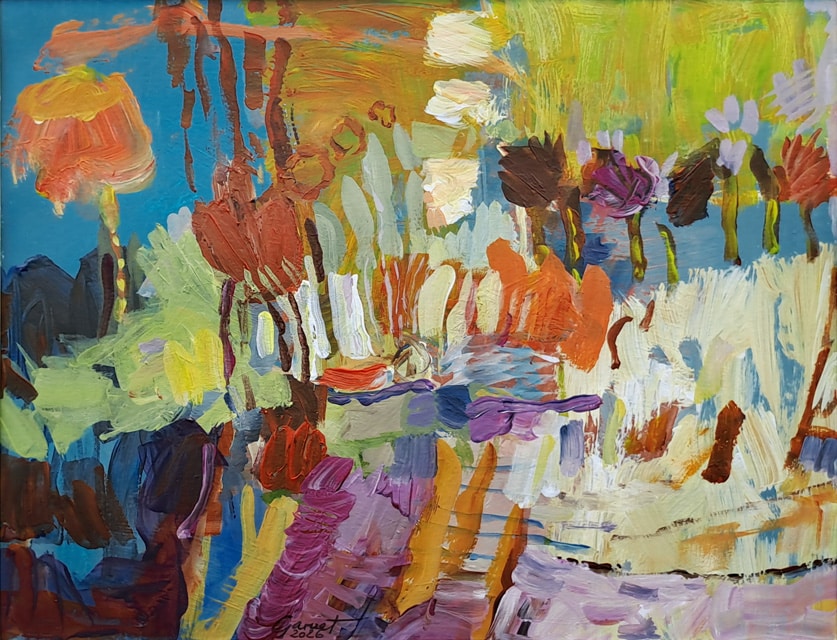 Paysage de campagne imaginaire, peinture onirique dans le style figuration libre