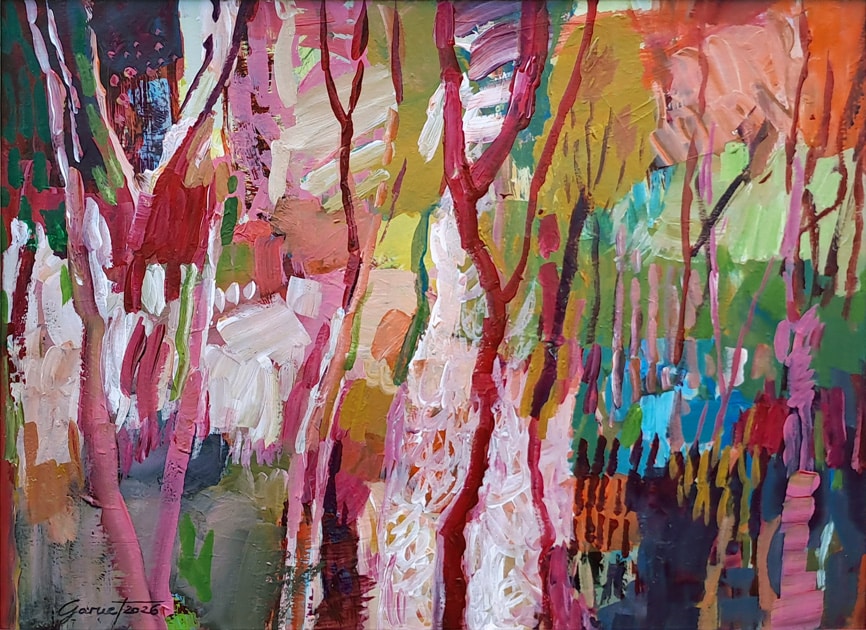Tableau de paysage de campagne et d'arbres dans les tons rouges