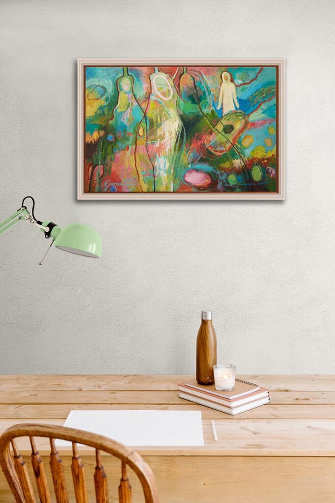 Dans cette peinture mystique, l’artiste explore la transmutation émotionnelle à travers la connexion aux guides de lumière, nourrie par ses années de méditation à Pau, Toulouse et dans le Couserans en Ariege.