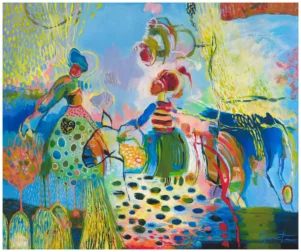 Affiche L’Apprentissage de la liberté, reproduction d’art contemporain de Christine Garuet, scène figurative colorée représentant une transmission entre une femme et un enfant à cheval.