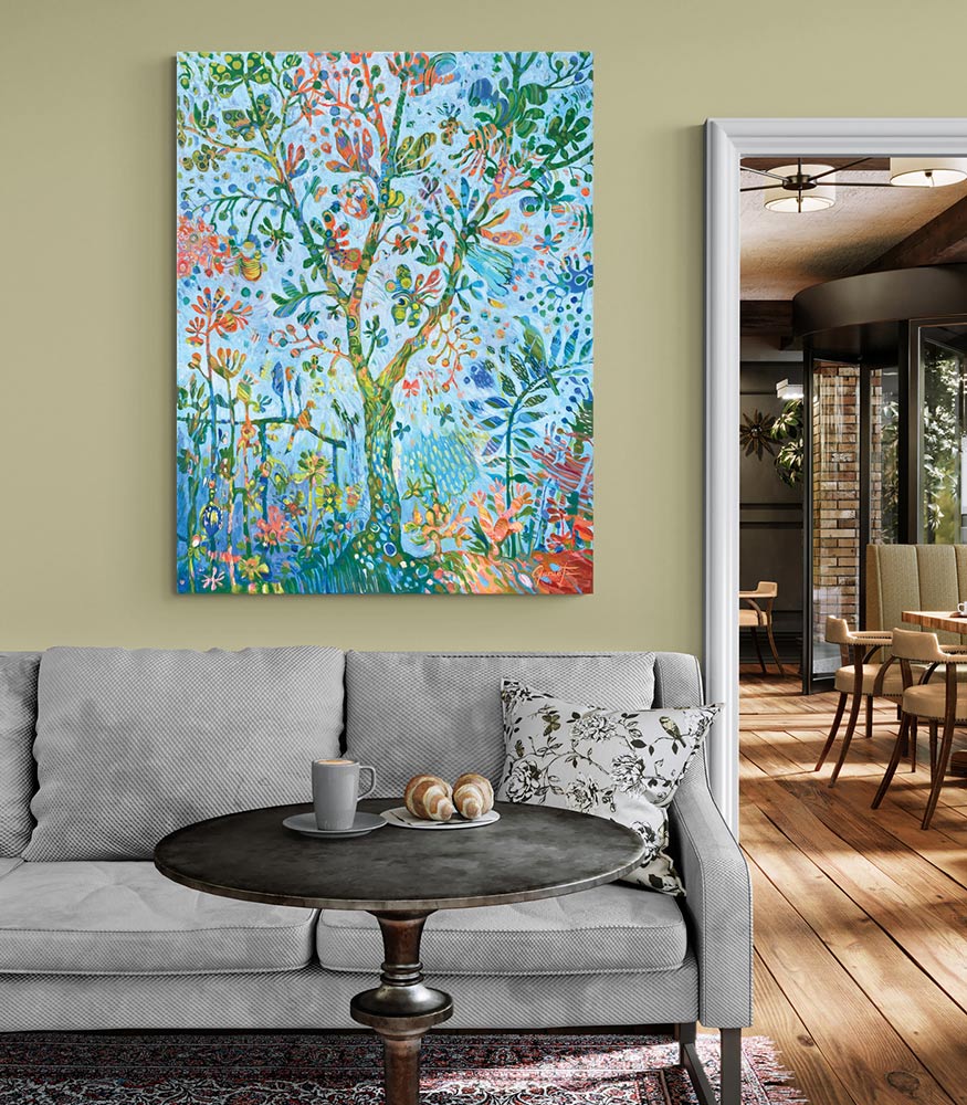 L’arbre de vie, décoration d’intérieur en vente à la Galerie Garuet, galerie d'art Ariège, peinture onirique sur toile propice au réalignement et à la guérison vibratoire.