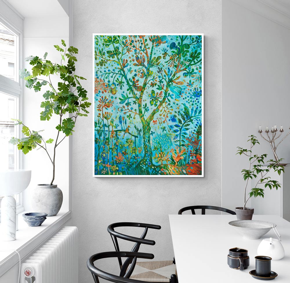 l'arbre de vie, peinture spirituelle contemporaine aux formes organiques et aux motifs symboliques, œuvre onirique originale pour amateur d'art spirituel, également en version affiche d’art