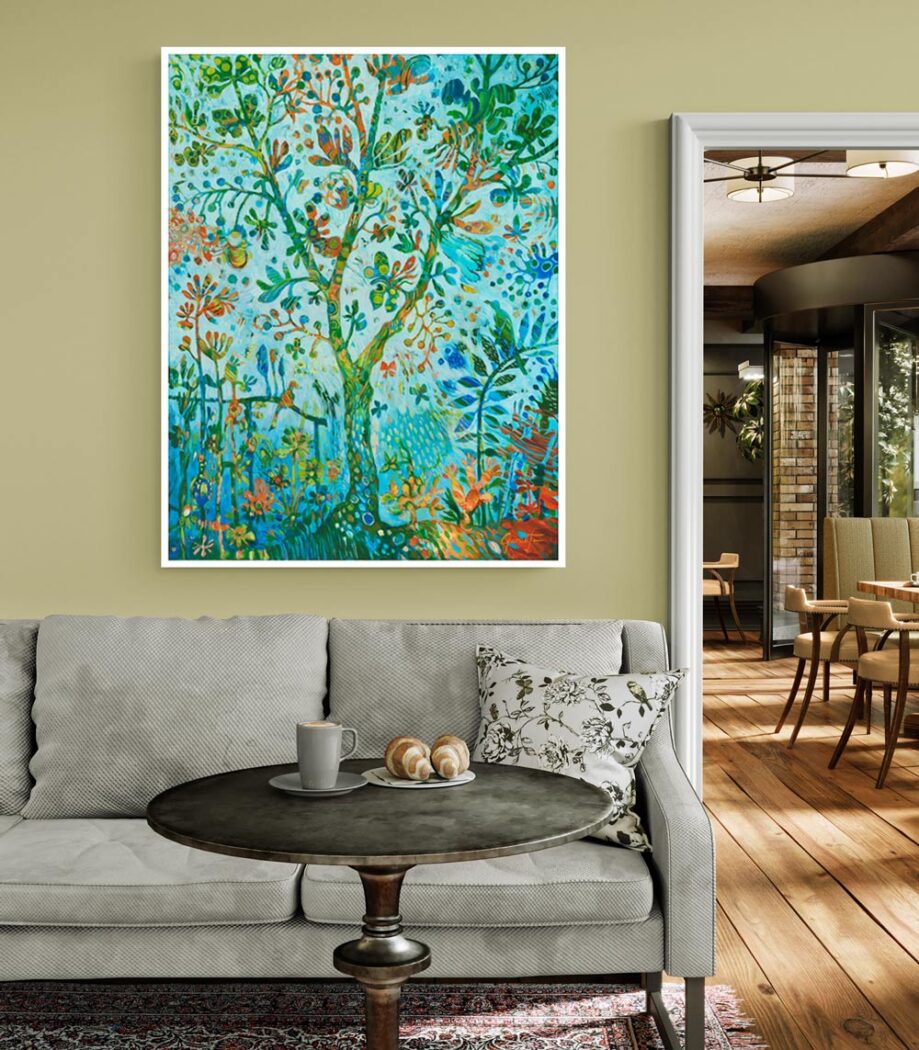 L’arbre de vie, décoration d’intérieur en vente à la Galerie Garuet, galerie d'art Ariège, peinture onirique sur toile propice au réalignement et à la guérison vibratoire.