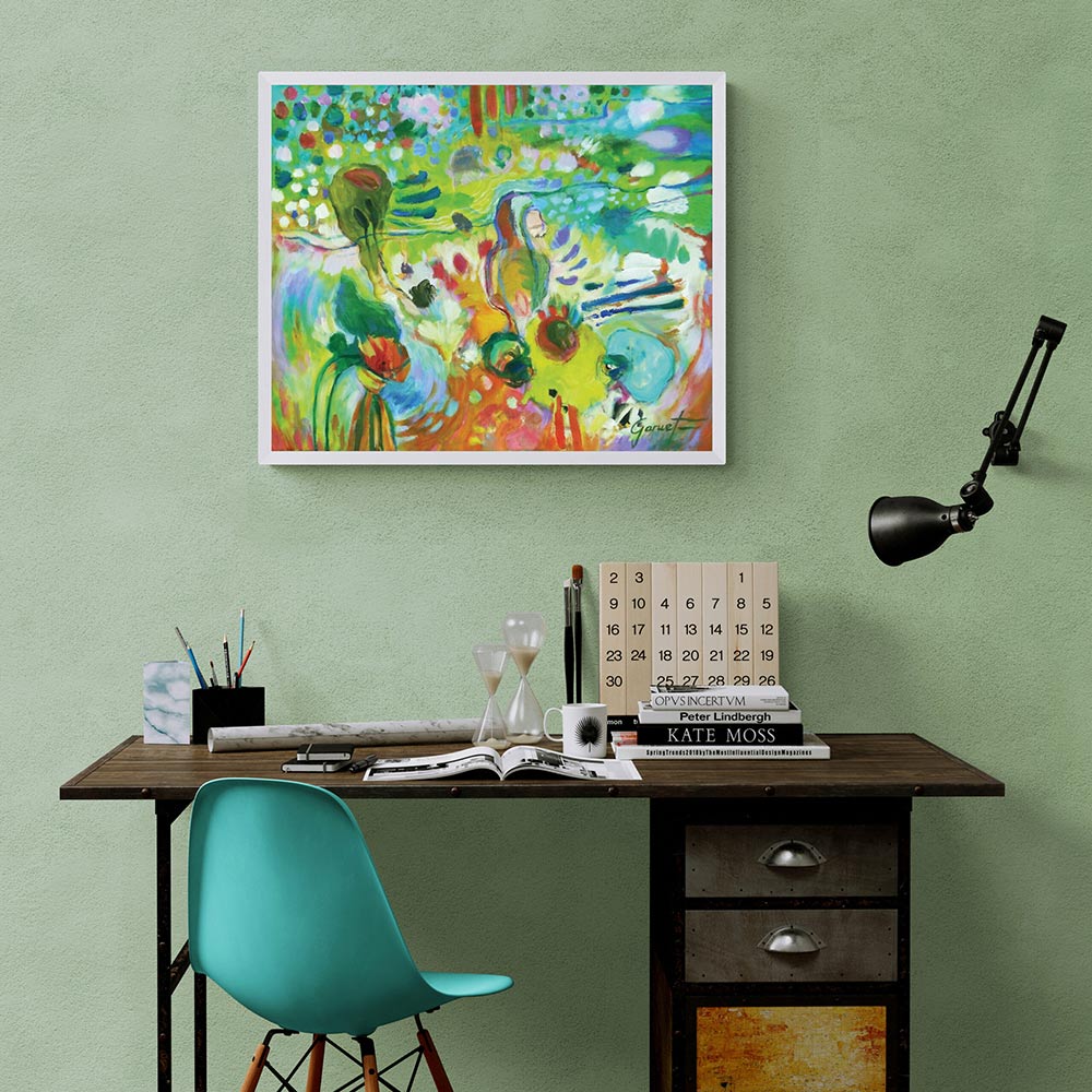 Tableau Une belle vie de Christine Garuet, œuvre contemporaine lumineuse mêlant formes abstraites et harmonie de couleurs chaudes.