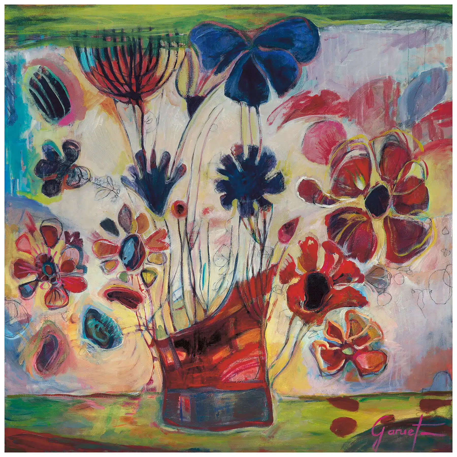Affiche d’artiste Le Bouquet de campagne, tirage d’art contemporain en édition limitée, composition florale expressive en figuration libre, couleurs lumineuses et vibrantes.