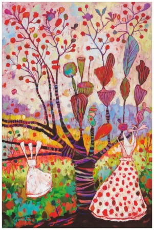 Affiche Le Champ des possibles, reproduction de tableau de Christine Garuet, peinture onirique et poétique avec arbre central et robes flottant au vent, tirage d’art en édition limitée.