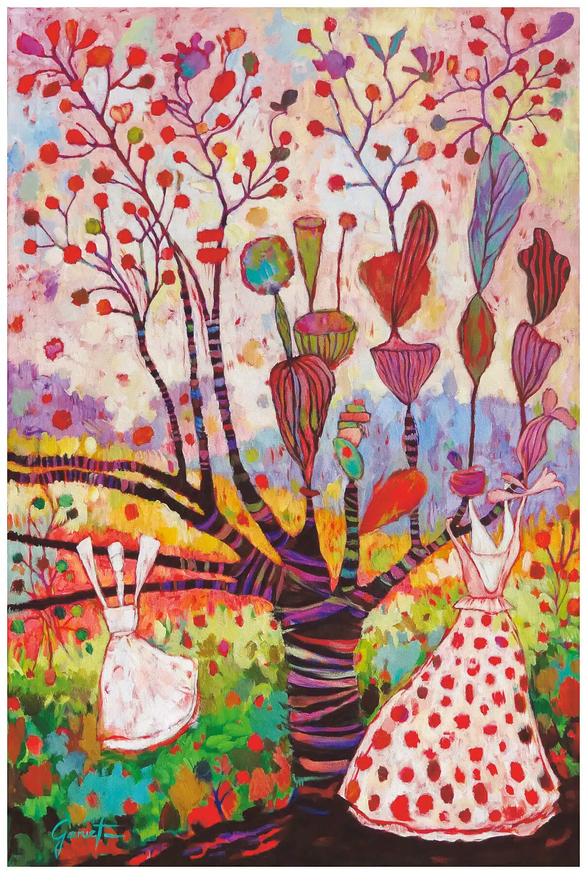 Affiche Le Champ des possibles, reproduction de tableau de Christine Garuet, peinture onirique et poétique avec arbre central et robes flottant au vent, tirage d’art en édition limitée.